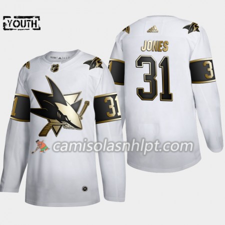 Camisola San Jose Sharks Martin Jones 31 Adidas 2019-2020 Golden Edition Branco Authentic - Criança
